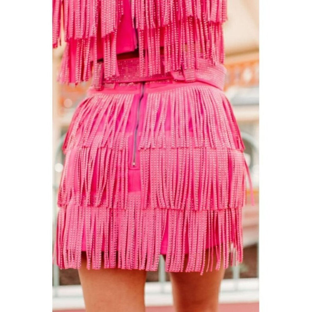 Spotlight Stealer Rhinestone Fringe Mini Skort Fuchsia - Picture 5 of 10